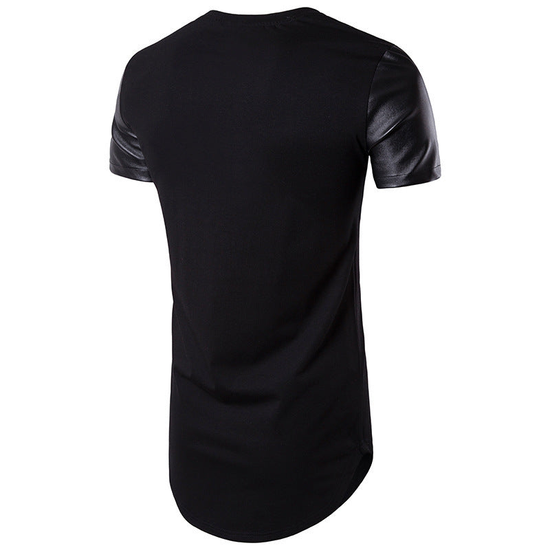 Men'S Round Neck Short-Sleeved Solid Color And Leather T-Shirt