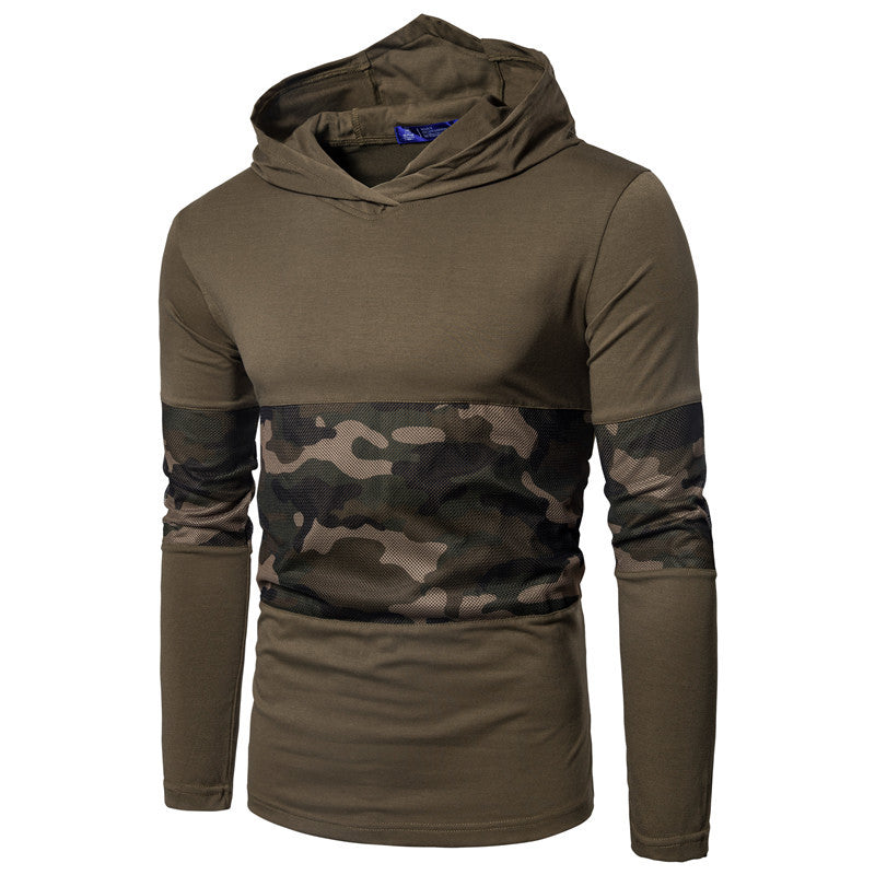 Men'S Slim Stitching Hooded Round Neck Long Sleeve T-Shirt