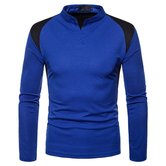 Men'S Irregular Stitching Long-Sleeved Polo Neck T-Shirt