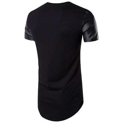 Men'S Round Neck Short-Sleeved Solid Color And Leather T-Shirt