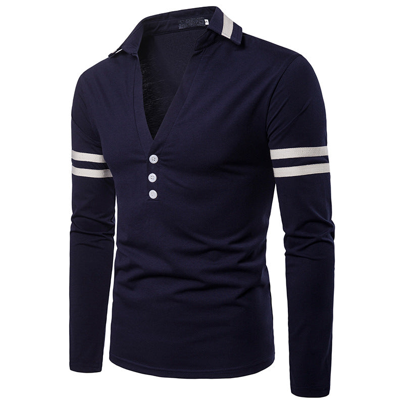 Men'S Solid Color Deep V-Shaped Design Lapel Long Sleeve T-Shirt