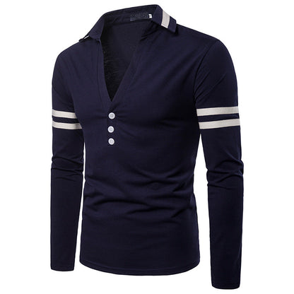 Men'S Solid Color Deep V-Shaped Design Lapel Long Sleeve T-Shirt
