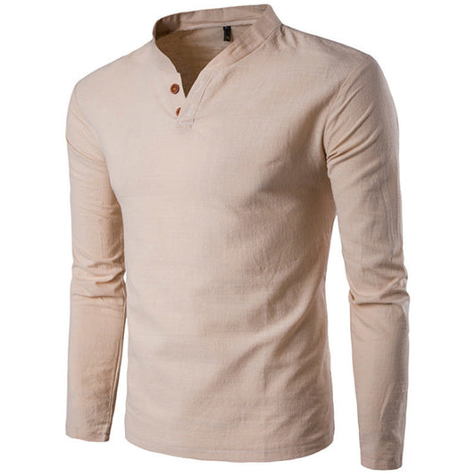 Cotton And Linen Stand Collar Two Button Long Sleeve Shirt