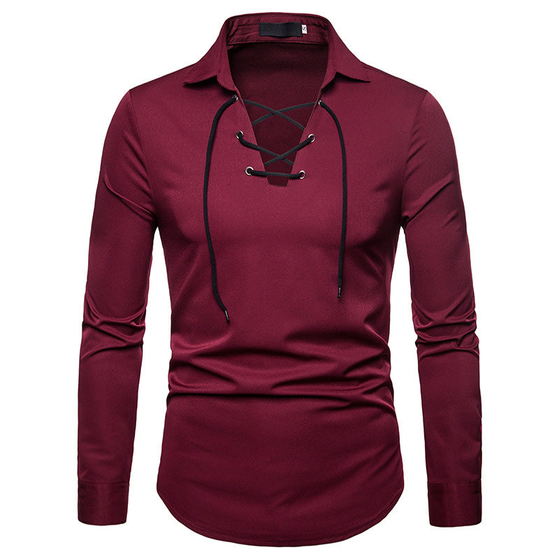 Men'S Lace Design Lapel Long Sleeve Shirt