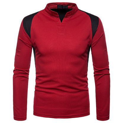 Men'S Irregular Stitching Long-Sleeved Polo Neck T-Shirt