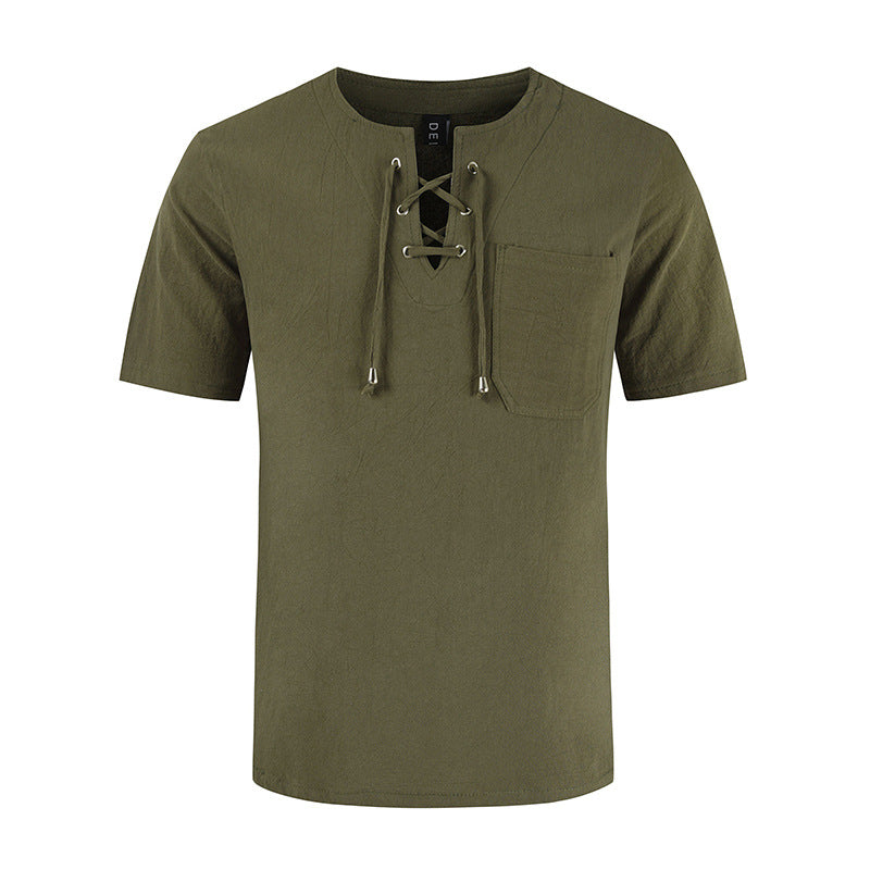 Men'S Cotton And Linen Fashion Solid Color Sports Short-Sleeved T-Shirt